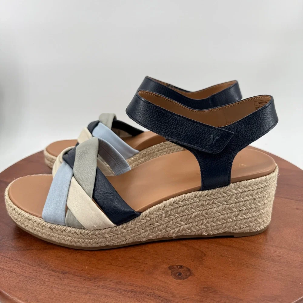 Vionic Saratoga Navy Multi Leather Espadrille Wedge Sandals Womens 11 Wide‎